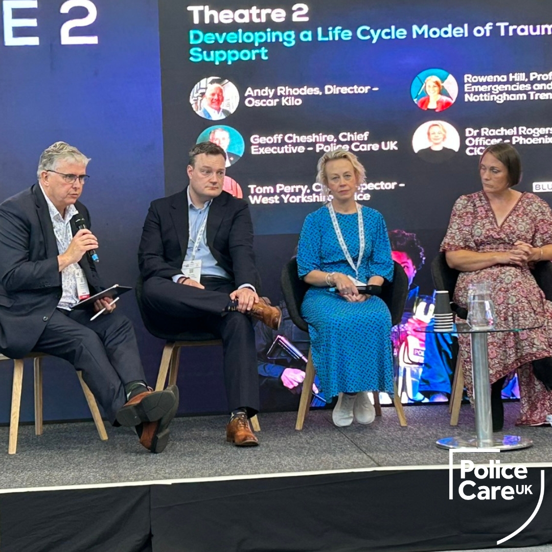Police Care UK chief executive officer Geoff Cheshire, left, chairs a panel debate on trauma in Theatre Two at The Blue Light Show. There are three others on stage