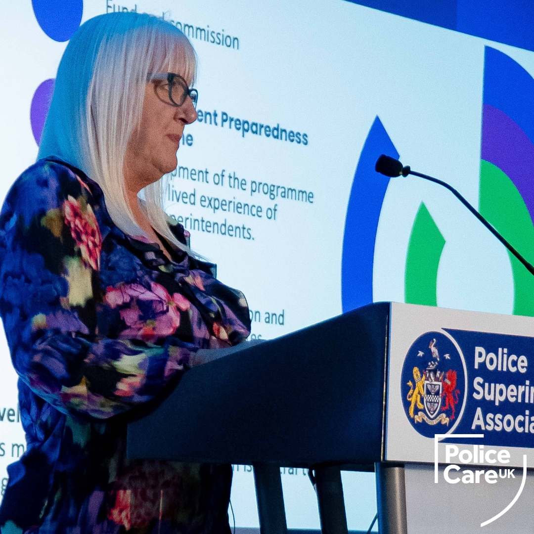 Police Care UK Director of Operations Tracy Hampson stands at a branded lectern to unveil the Superintendent Preparedness Programme pilot at the Police Superintendents' Association Conference